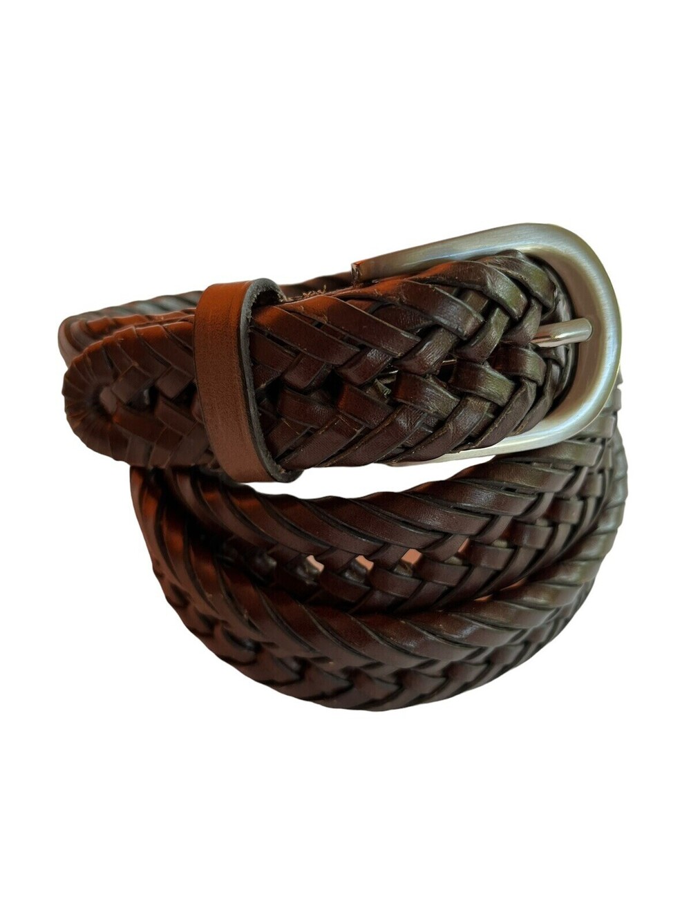 Braided Brown Leather Belt Solid Brass Buckle Size 41 1/2" Unisex Casual